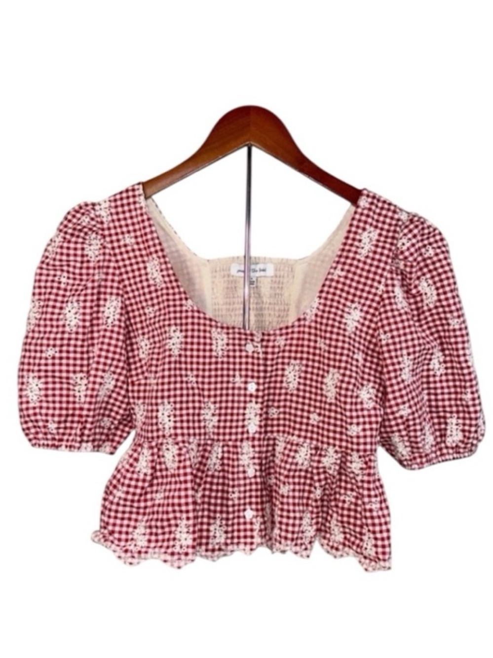 Jacqui E Red and White Gingham Puff Sleeve Peplum Blouse